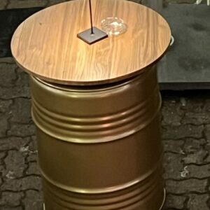 Stehtisch Fass/Tonne - matt gold mit Holzplatte